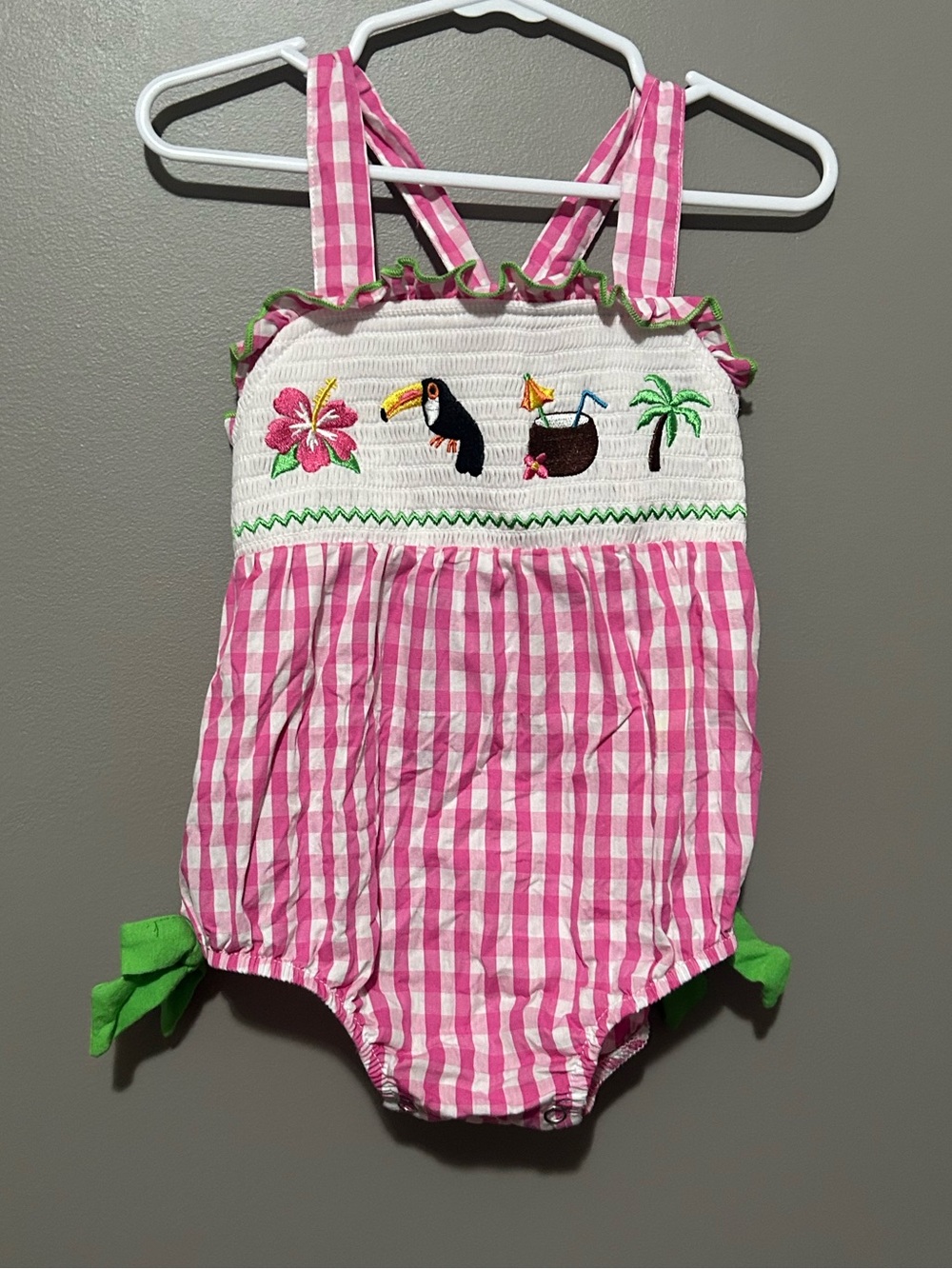 Pink Gingham Embroidered Girls Vacation Bubble